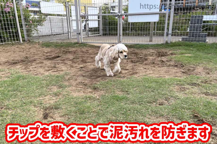 バークチップをドッグランに敷くことで泥汚れを防ぎます